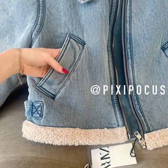 ZARA NEW FAUX SHEARLING BIKER JACKET MOTO DENIM BLUE M MEDIUM 3548/250 - Picture 9 of 16